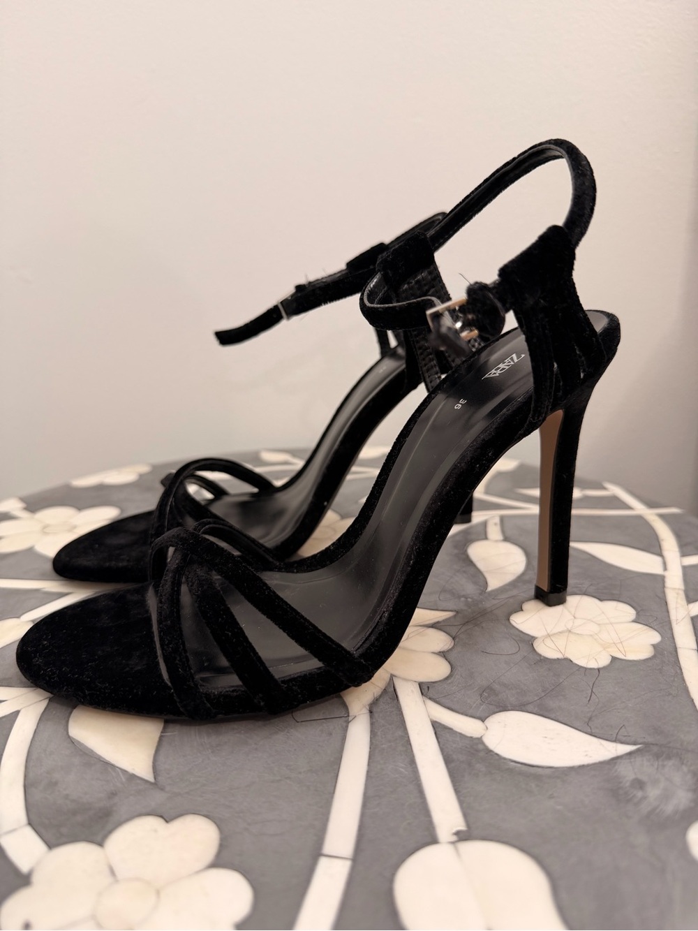 Zara Black Velvet Strappy High Heel Sandals